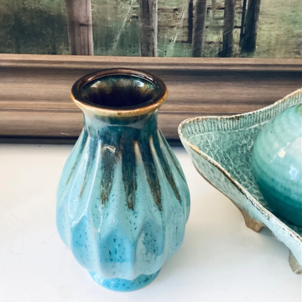 Turquoise Ceramics Set Of 3 Mixed Pieces Vases Square Bowl Home Accents Decor - Picture 6 of 12